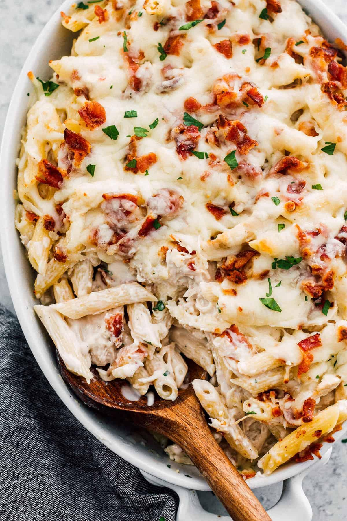 Chicken bacon ranch pasta with melted cheese and bacon