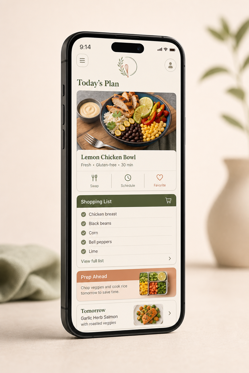 Realistic 3D phone showing a Hollys Table meal plan and shopping list